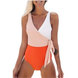 Cupshe Orange Color Block One Piece Swimsuit Plunging Knotted Monokini, L
